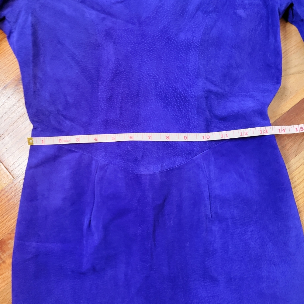 Vintage 1980s Suede Electric Blue Knee Length Dress With  Rhinestones Size M - Picture 9 of 16
